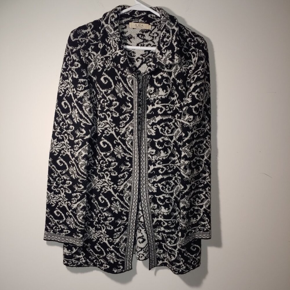 A.IDA Knit Wool Blend Long Sleeve Collared Cardigan Sz S Filigree Pattern Black